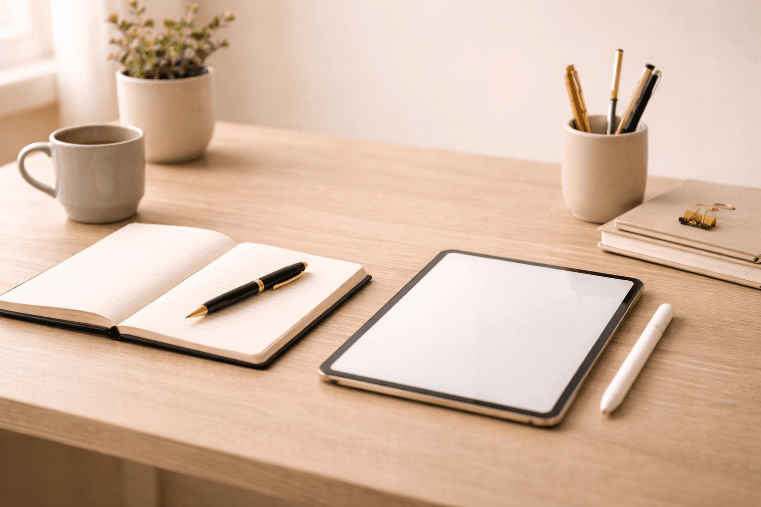 Warm professional writing setup with books and manuscript notes